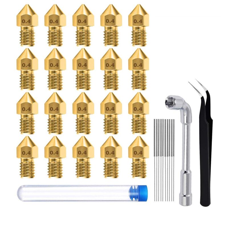 Paquete de 20 boquillas para impresora 3D MK8 de 0,4 mm, cabezales de impresión de latón con herramienta de limpieza, 1 llave de vaso y 1 par de