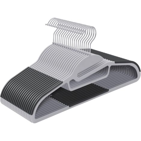 Paquete de 20 perchas de plástico con apertura en forma de U, antideslizantes y que ahorran espacio. Grosor: 0,5 cm. Ancho: 41,5 cm. Gancho giratorio de 360°. Colores: gris claro a oscuro.