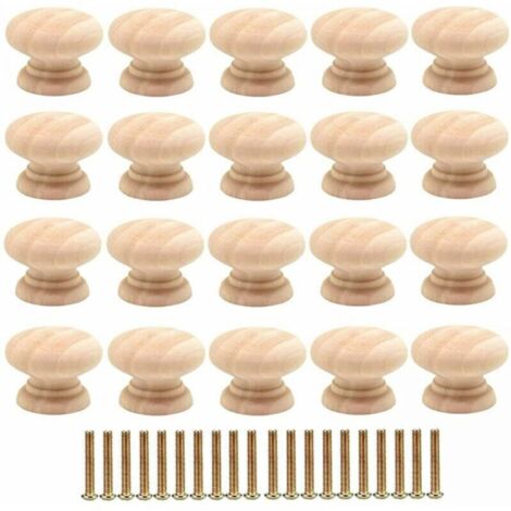Paquete de 20 pomos redondos de madera de 35 mm para cajones y puertas de armarios con tornillos.