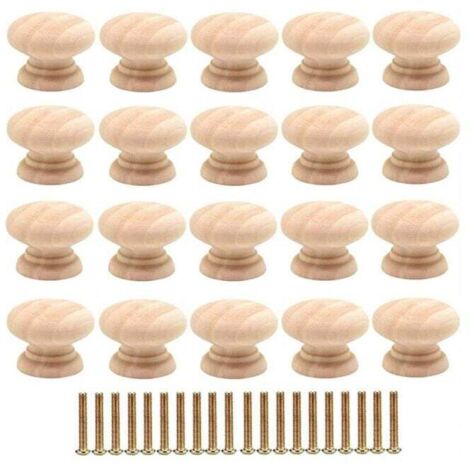 Paquete de 20 pomos redondos de madera para puertas de armario de 35 mm con tornillos