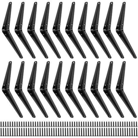 Paquete de 20 soportes para estantes de pared - 150 x 200 mm - Soporte resistente - Negro - Metal - Ángulo de 90° con tornillos