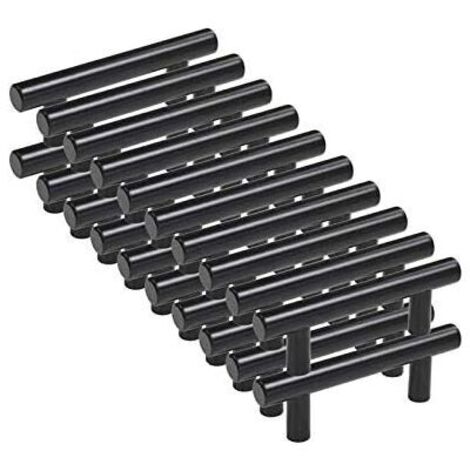 Paquete de 20 tiradores negros para muebles, tiradores negros para muebles de cocina, tiradores en T para armarios y cajones, distancia entre centros negra 96 mm (Ø 12 mm).