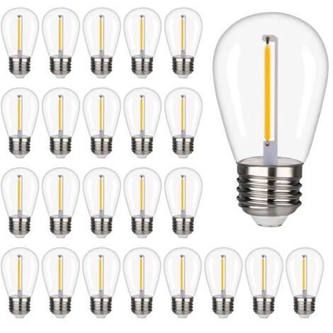 Paquete de 24 bombillas LED S14 de 1W E26, 2700K, resistentes al agua para uso exterior, luz blanca cálida.