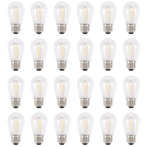 Paquete de 24 bombillas LED solares para exteriores S14 de 3 V, irrompibles, luz blanca cálida.