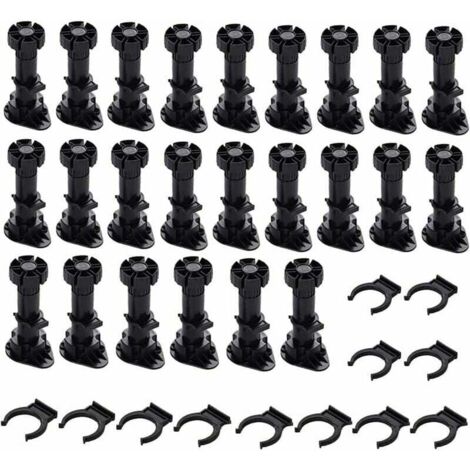 Paquete de 24 patas ajustables de plástico grueso negro para muebles con clip de fijación para armarios de cocina o baño, armarios y sofás (120-150 mm)