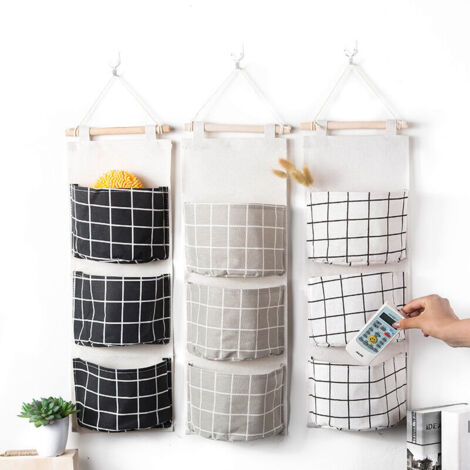 Paquete de 3 bolsas de almacenamiento colgantes con 3 bolsillos (negro, gris y blanco), organizador de cestas de tela para pared, para dormitorio, baño y cocina, impermeable y elegante.