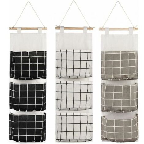 - Paquete de 3 bolsas de almacenamiento colgantes con 3 bolsillos, organizador de tela para pared, ideal para dormitorio, baño y cocina, impermeable y elegante (negro, gris y blanco)