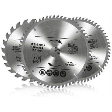 Paquete de 3 hojas de sierra circular de carburo de tungsteno, 24T, 48T y 60T, para madera, metal y aluminio (210 x 30 mm)