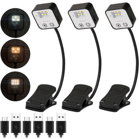 Paquete de 3 lámparas de lectura LED recargables, lámpara de libro con protección ocular y luz suave, 3 temperaturas de color y 5 velocidades