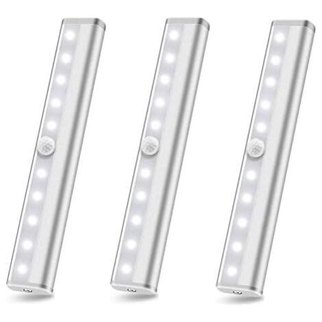 Paquete de 3 luces LED con sensor de movimiento para armario, funciona con pilas, se adhieren a cualquier lugar, iluminación inalámbrica debajo del gabinete, 10 LED inalámbricos