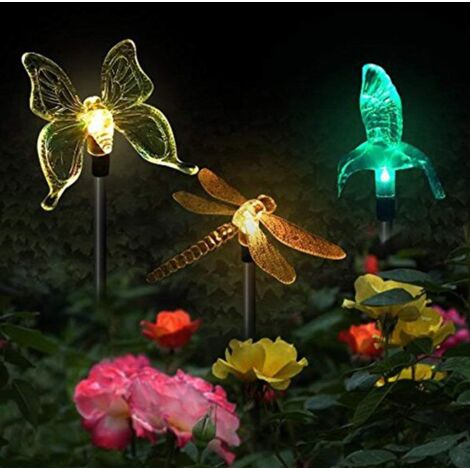 Paquete de 3 luces solares para jardín con forma de mariposa, colibrí, libélula y LED con energía solar, multicolor
