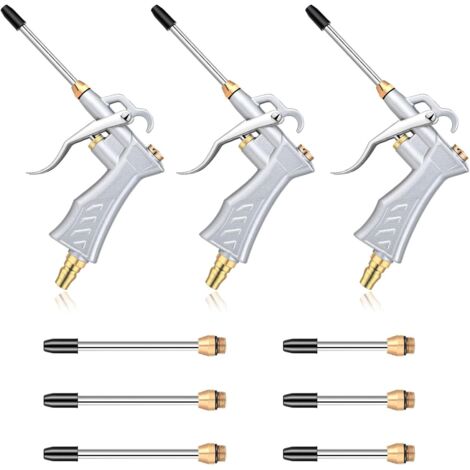 Paquete de 3 pistolas de aire industriales con 6 boquillas de flujo de aire de acero de extensión de 4-5 pulgadas, flujo de aire ajustable con boquilla de latón, accesorios de compresor de aire para q
