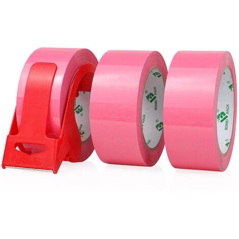 Paquete de 3 rollos de cinta de embalaje rosa, 48 mm x 50 mm, buena adherencia.