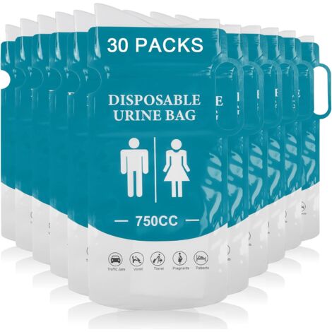 Paquete de 30 bolsas de orina desechables para llevar, 750 ml, urinario portátil para hombres y mujeres, bolsas de orina con asa, bolsas de orina de gel, inodoro de emergencia para viajes y campamento