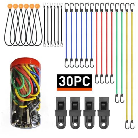 Paquete de 30 cuerdas elásticas con ganchos  Incluye cuerdas elásticas de 10, 18, 24, 32 y 40 pulgadas  Bolas elásticas para lonas de 8 pulgadas  Clips para lonas