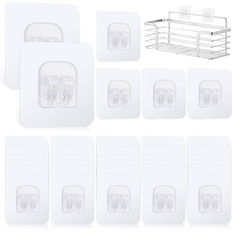 Paquete de 30 Ganchos Adhesivos de Repuesto para Estante de Ducha, Ganchos Autoadhesivos de 6 x 6 cm, Sin Perforaciones, Ganchos de Pared Autoadhesivos, para Cocina, Baño, Pared de Puerta de Inodoro (
