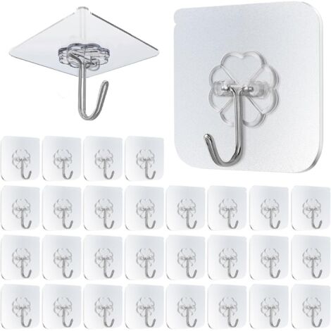 Paquete de 30 ganchos adhesivos, ganchos adhesivos transparentes extrafuertes sin necesidad de taladrar para baño, cocina, pared y techo, soportan hasta 10 kg (Stile1)