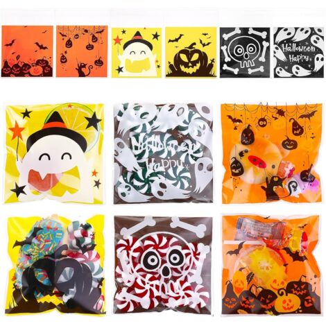Paquete de 300 bolsas para golosinas de Halloween, 6 bolsas de dulces autoadhesivas transparentes de estilo lindo a granel para recuerdos de fiesta de Halloween (A)