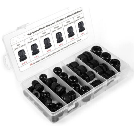 Paquete de 34 prensaestopas de plástico impermeables – Modelos PG7, PG9, PG11, PG13.5, PG16, PG19 – Protección contra agua y polvo