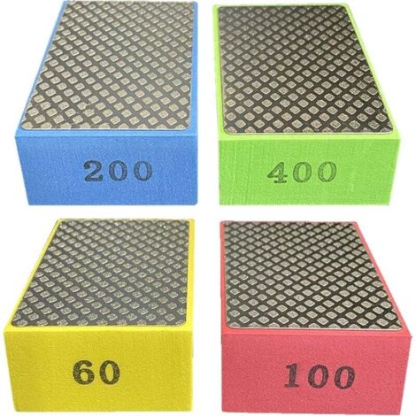 Paquete de 4 almohadillas de pulido de diamante a mano, bloques de pulido de vidrio para baldosas de piedra, 4 niveles de rugosidad: 60, 100, 200, 400 (lado plateado)