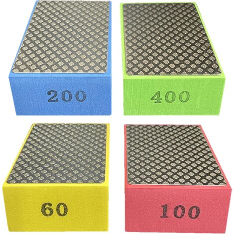 Paquete de 4 bloques de pulido a mano de diamante, bloques de pulido de vidrio para baldosas de piedra, 4 niveles de rugosidad - 60 100 200 400 (lado plateado)