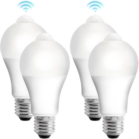 Paquete de 4 bombillas LED E27 con sensor de movimiento PIR, 12 W, luz blanca cálida 3000 K, luz de bajo consumo para pasillos, garajes y escaleras.