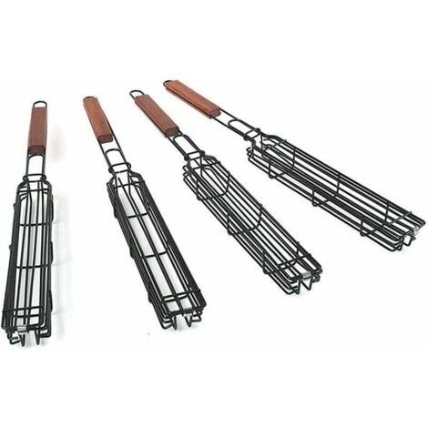 Paquete de 4 cestas antiadherentes para brochetas de barbacoa con mango de madera resistente al calor para verduras, camarones, mariscos, cestas para barbacoa, parrilla para barbacoa, salchichas, sart