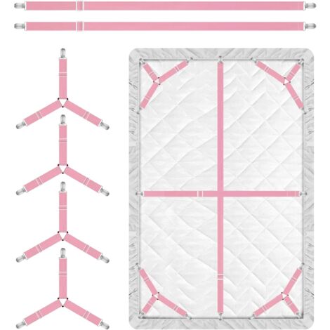 Paquete de 4 correas de sujeción de sábanas rosas, Clips de sábana ajustables de 3 vías, tirantes, Clips de sujeción de sábanas de colchón elásticos triangulares