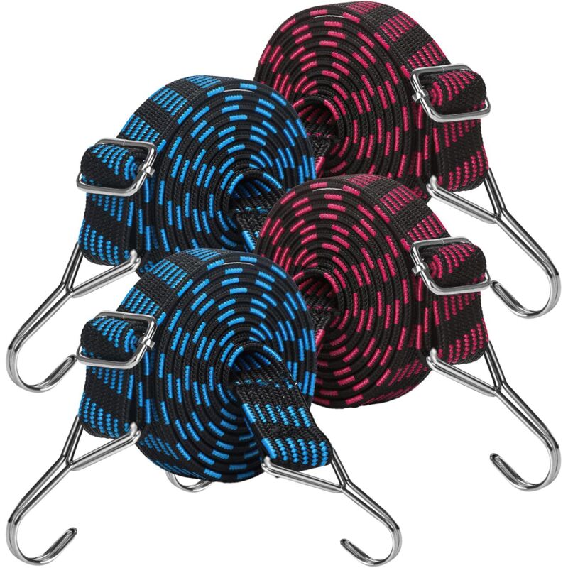 Paquete de 4 cuerdas elásticas ajustables con ganchos, ideales para transportar cargas, bicicletas, motocicletas, automóviles y campamentos.