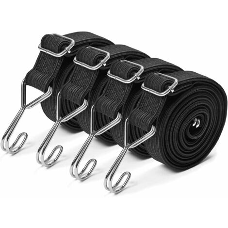 Paquete de 4 Cuerdas Elásticas con Ganchos 2m Goma Extra Fuerte Tendedero Ajustable Elasticidad Plana con Hebilla de Metal para Portaequipajes de Bicicleta Camping Jardinería