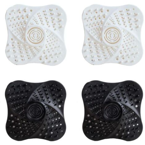 Paquete de 4 filtros de drenaje de silicona, filtro de cabello para ducha, protector de drenaje, atrapacabellos con ventosa, antiobstrucción, para ducha, desagüe, bañera y lavabo, blanco/negro