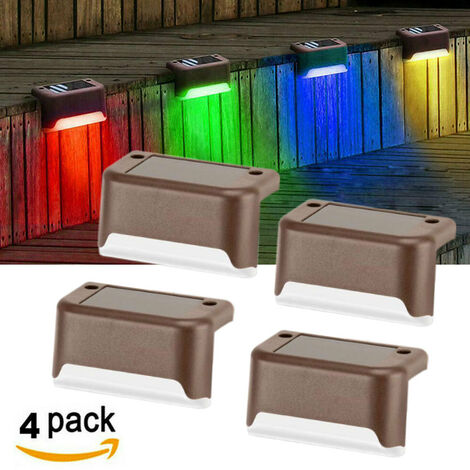 Paquete de 4 luces LED para escaleras con energía solar, color marrón claro, cerca de patio, pared, paisaje, cerca de entrada