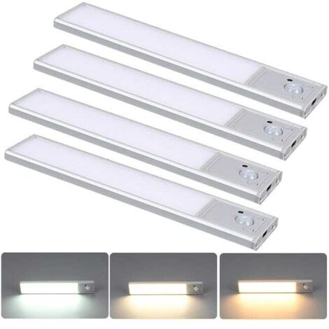 Paquete de 4 luces para debajo de armarios con sensor de movimiento, luz magnética activada por movimiento, luz recargable para armario, 3 colores, 20 cm