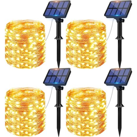 [Paquete de 4 luces solares para exteriores, 12 m, 120 LED, impermeables, 8 modos, decoración para jardín, patio, casa, Navidad, boda, fiesta, blanco cálido]