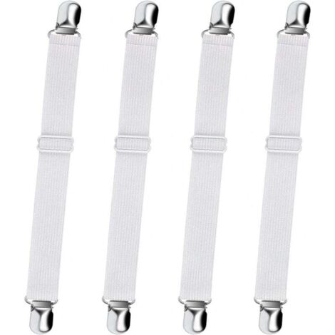 Paquete de 4 soportes de esquina ajustables para sábanas (blancos), pinzas ajustables para sábanas, sofás y fundas de tabla de planchar