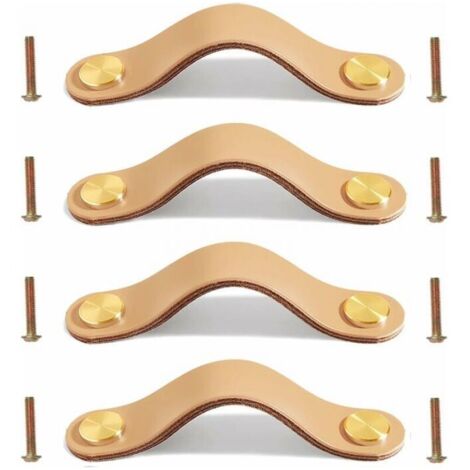 Paquete de 4 tiradores de cuero para cajones, puertas y muebles, de cuero fino con tornillos para gabinetes de cocina, 20 cm, beige,