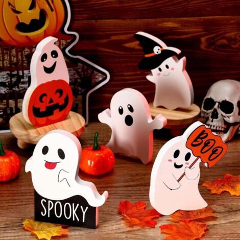 Paquete de 5 bandejas escalonadas de madera para decoración de Halloween, lindo fantasma, bruja negra, letreros espeluznantes, bloques de otoño para fiesta rústica, estante para el hogar (estilo lindo
