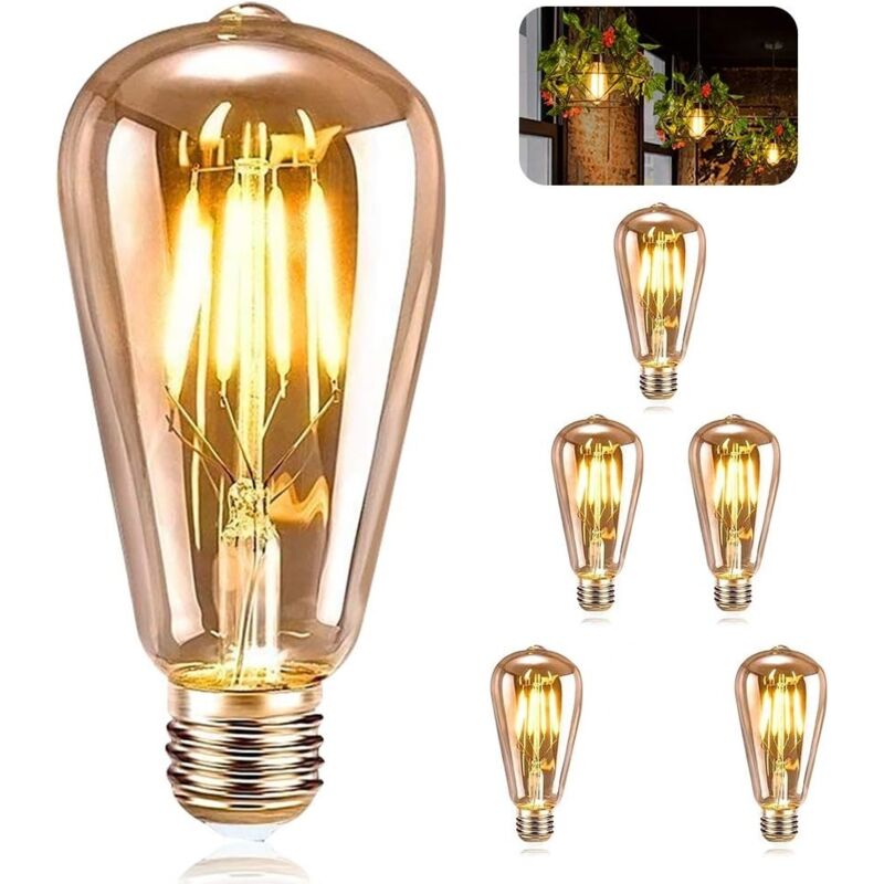 Paquete de 5 bombillas LED Edison, color ámbar, luz cálida blanca 2700K, base E27, estilo retro americano, 4W, para decoración de restaurantes,