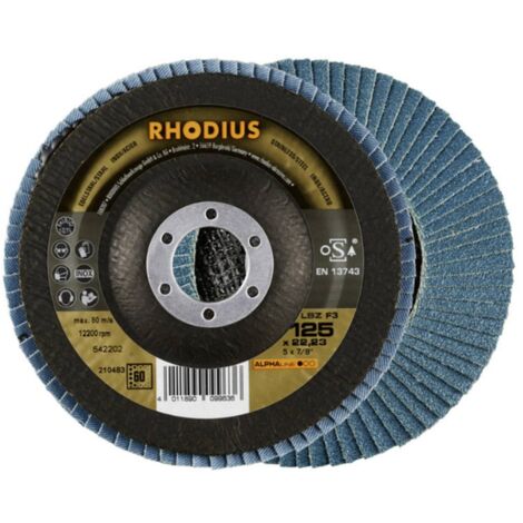 Paquete de 5 discos de láminas Alphaline, paquete LSZF3, 125 x 22,23 mm, grano 80. Rhodius