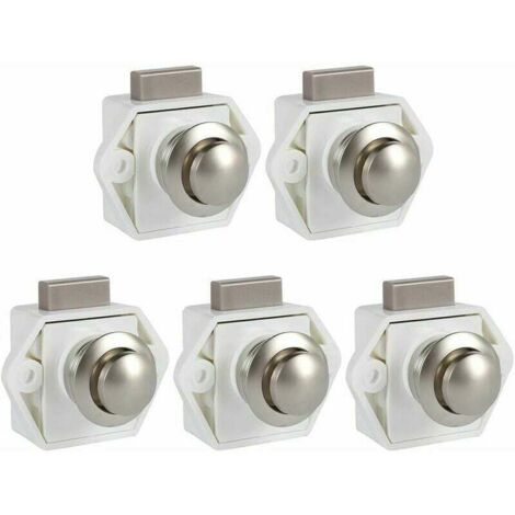 Paquete de 5 pestillos de botón sin llave para puertas de muebles, autocaravanas, armarios y muebles gruesos (blanco)