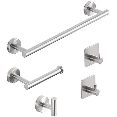 Paquete de 5 toalleros de baño, soporte para papel higiénico, toallero de acero inoxidable, sin perforaciones, autoadhesivos para cocina (plateados)