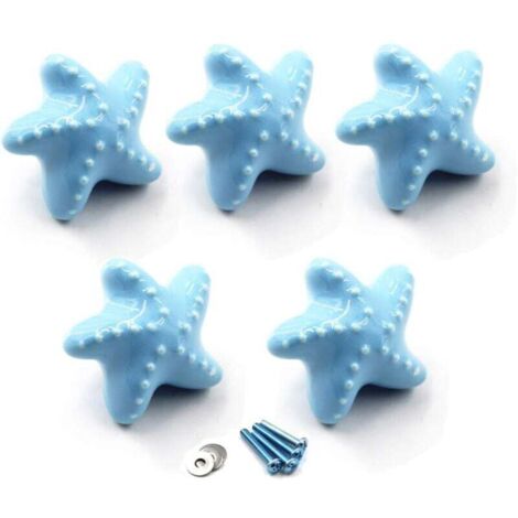 (Paquete de 5 tornillos incluidos) Perilla de cajón azul, perillas de gabinete de cerámica, forma de estrella de mar, manija de guardería para cajones de tocador