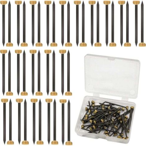 Paquete de 50 clavos para colgar cuadros con cabeza de latón de 4 mm para colgar cuadros con caja de almacenamiento de plástico negra y amarilla: clavos pequeños para marcos de fotos, paredes, vallas