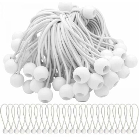 Paquete de 50 cuerdas elásticas blancas de 200 mm, cuerda elástica con bola, bolas elásticas para toldos, tiendas de campaña, pancartas y lonas