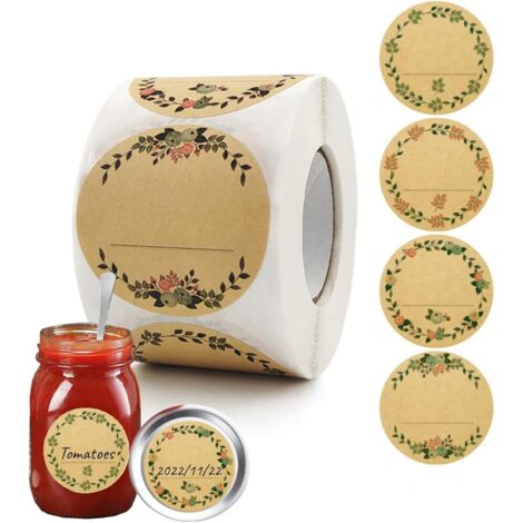 Paquete de 500 etiquetas adhesivas de 5 cm para tarros de mermelada, ideales para etiquetas de cocina, etiquetas de especias, etiquetas para cocinar y decoración de bolsas de regalo.