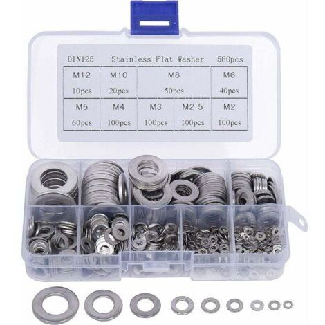 Paquete de 580 arandelas de acero inoxidable – 9 tamaños M2 a M12 – Caja de almacenamiento de plástico – Para mecánicos y aficionados al bricolaje