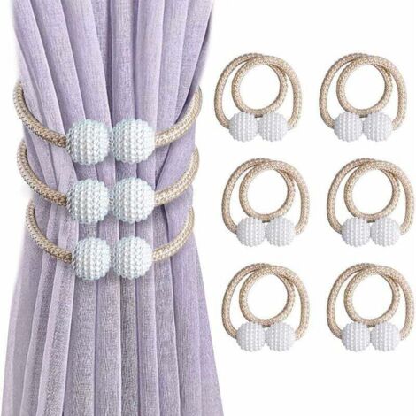 Paquete de 6 alzapaños magnéticos para cortinas con perlas artificiales, con hebilla para decoración de hogar y oficina (beige)
