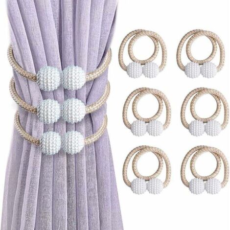 Paquete de 6 alzapaños magnéticos para cortinas, con perlas de imitación, para decoración del hogar y la oficina (beige)