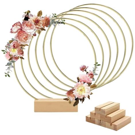 Paquete de 6 aros florales de metal de 30 cm con soporte de madera para mesa, anillos de corona dorados para hacer decoraciones de coronas de mesa de boda