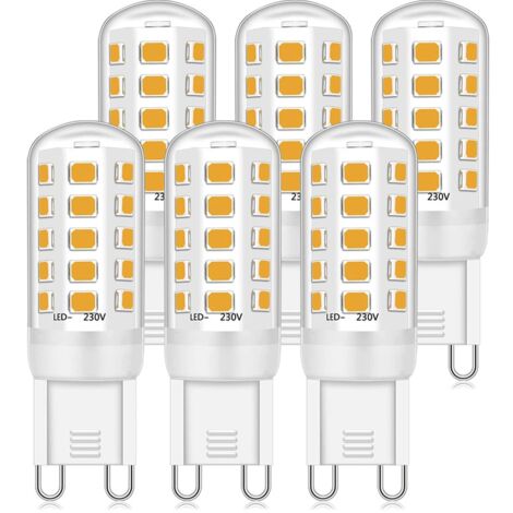 Paquete de 6 bombillas LED G9 de 3 W, 350 lm, equivalente a una halógena de 40 W, blanco frío 6000 K, 220-240 V, CRI 82, no regulables, ahorro de energía, base de cerámica, base G9 estándar.